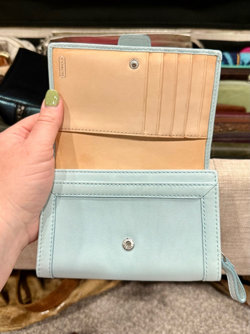 Coach Y2K Soho Silver Buckle Smooth Leather Mint/Sea Foam Folding Snap Wallet - Picture 3 of 12